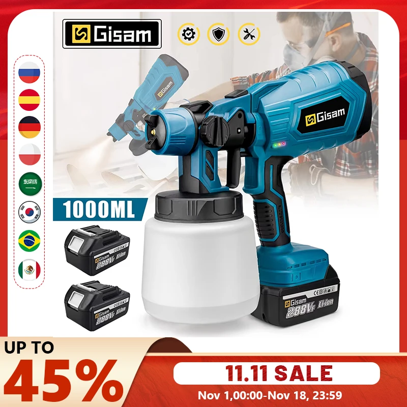 Gisam 1000ML 전기 스프레이 건 홈 무선 페인트 분무기 HVLP 자동 가구 Makita 18V 배터리 Pi 용 강철 코팅 에어 브러시