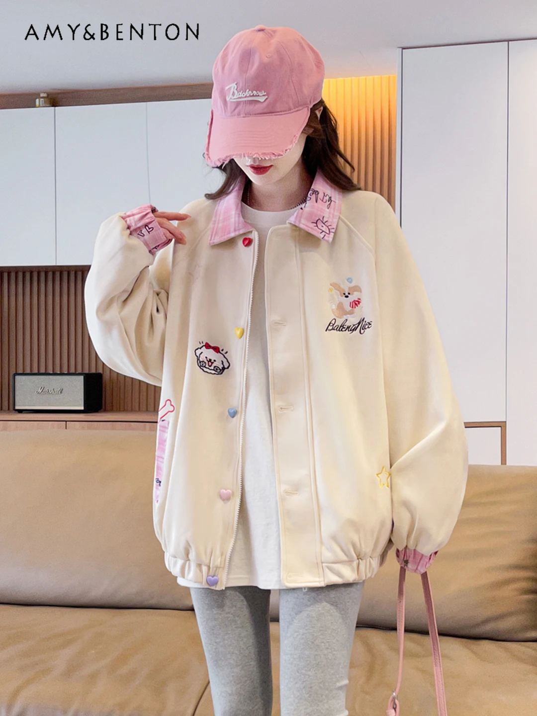 

2025 American Retro Women's Turn-Down Collar Apricot Baseball Jacket Autumn Winter Velvet Thickened Casual Navy Blue Jacket