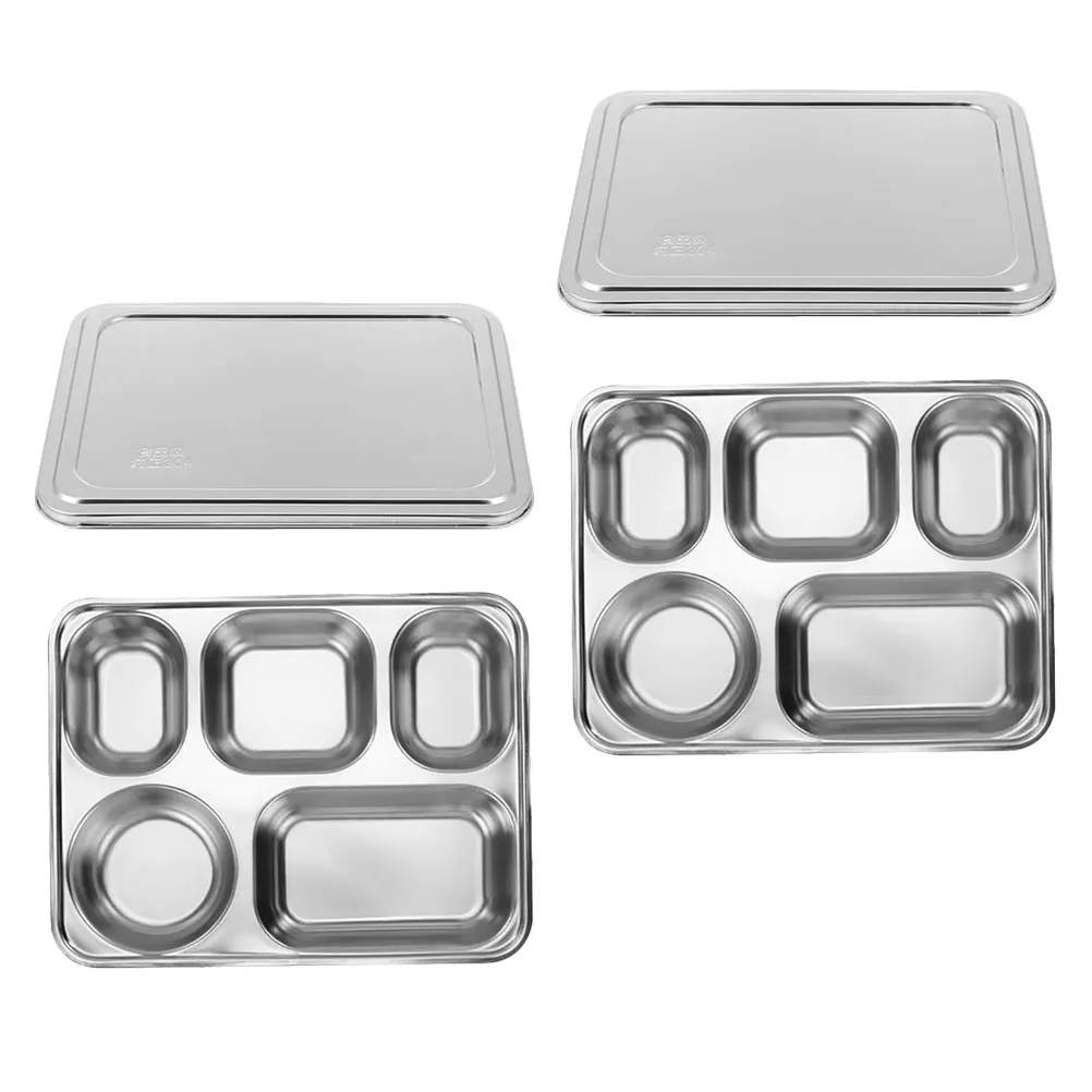 

Stainless Steel Divided Lunch Box Grid Plate with Lids Food Compartment Tray Safe Material Kids Dinner Plates