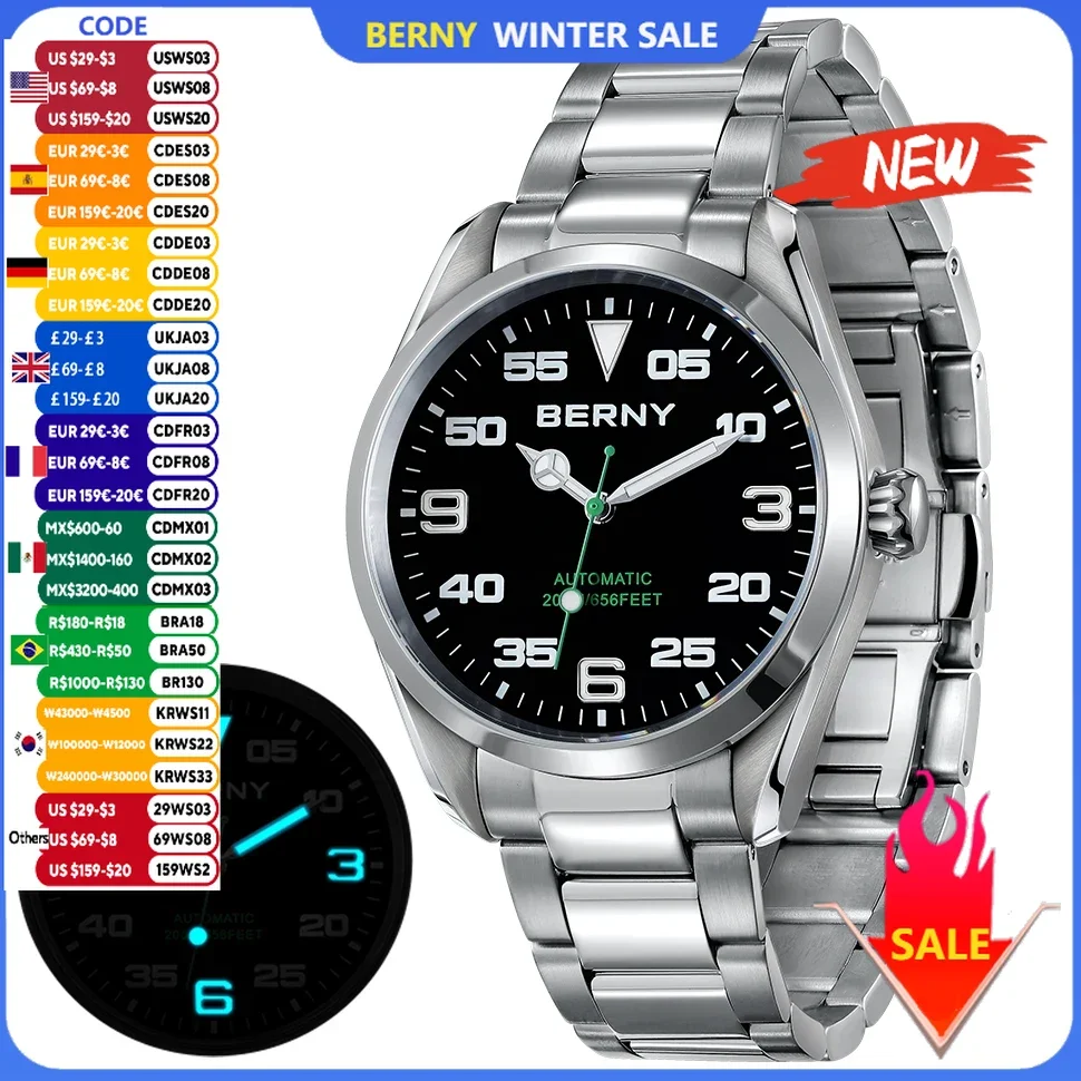 20ATM BERNY Men Watch Automatic Mechanical Wristwatch BERNY NH35 Luminous Sapphire Waterproof Luxury Automatic Watch for Men