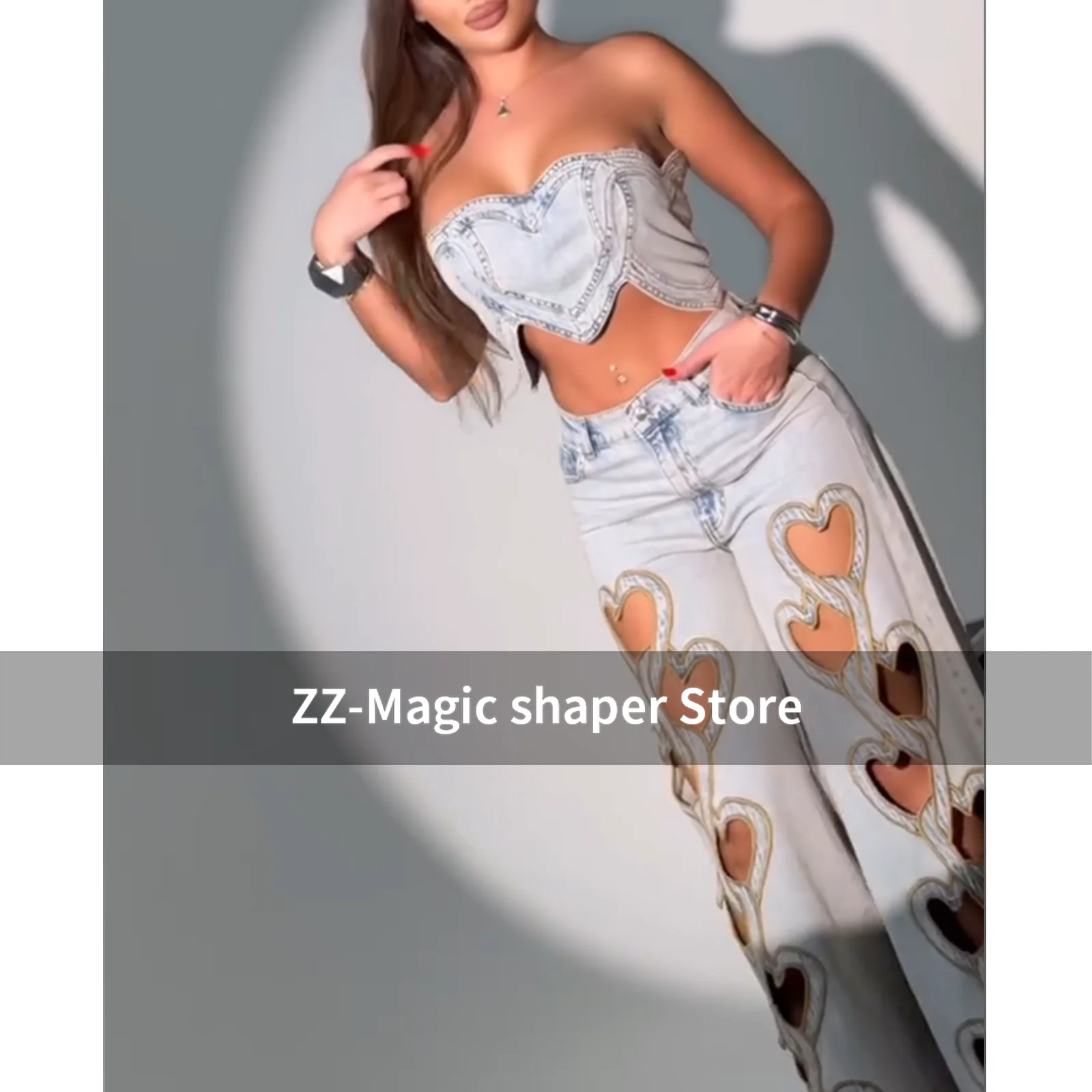 Stylish Wide Leg Trousers Denim Pants High Waisted Heart-Shaped Hollow Straight Leg Jeans Set Women's Loose Jeans Streewear