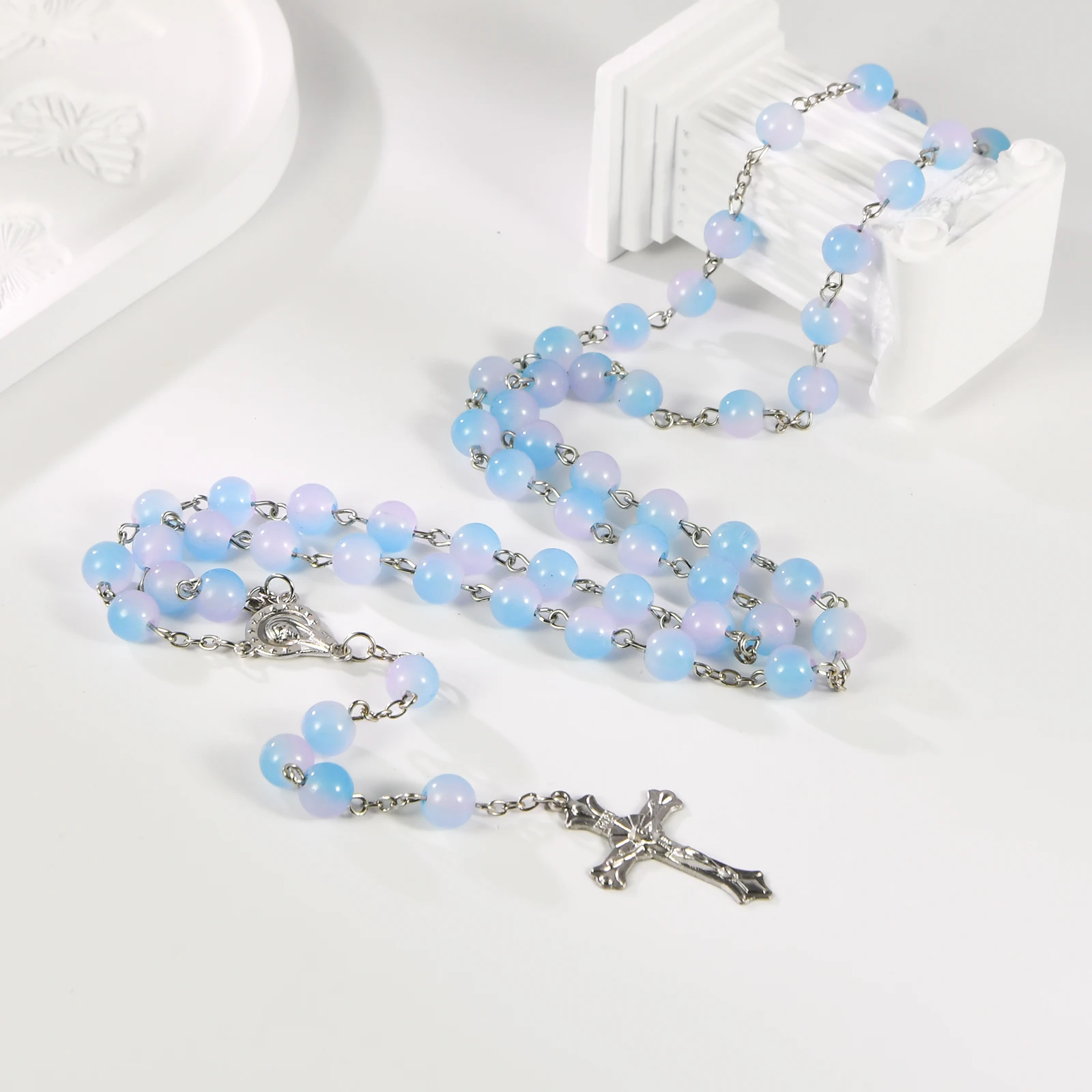 Blue Pink Catholic Rosary Beads Necklace, Prayer Rosary with Cross, Religious Gift for First Communion Baptism
