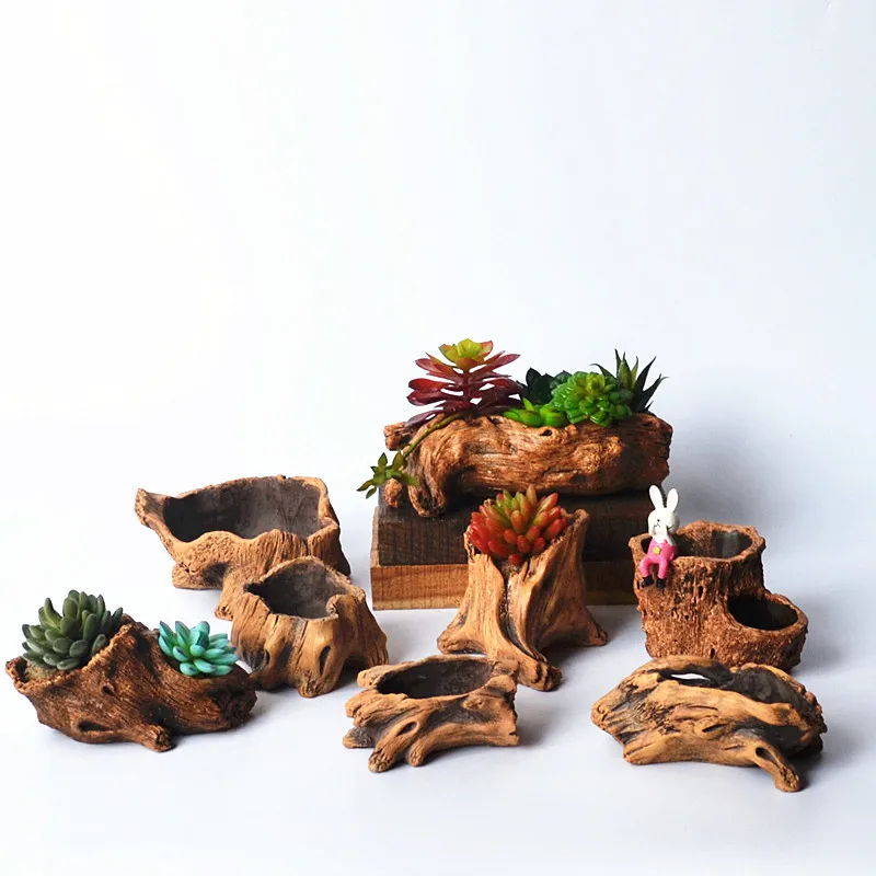 Succulent Planter, Creative Retro Cement Faux Wood Stump Pot, Tree Root Design for Home Garden Decor, Indoor Outdoor Display