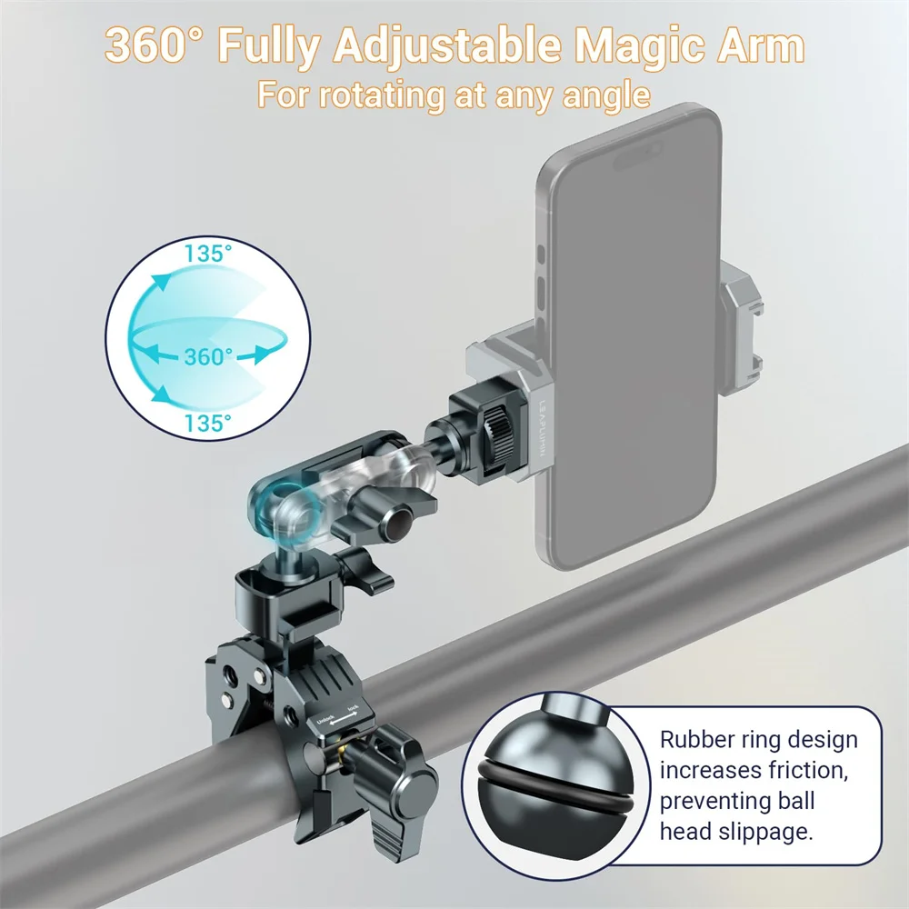 LEAPLIGHT 360 °   Uchwyt kulowy z zaciskiem do kamery z gwintem 1/4" i 3/8" oraz szyną NATO, uniwersalny zacisk Magic Arm do lustrzanek cyfrowych/świateł LED/uchwytów na telefon/statywów — zdjęcie produktu 6