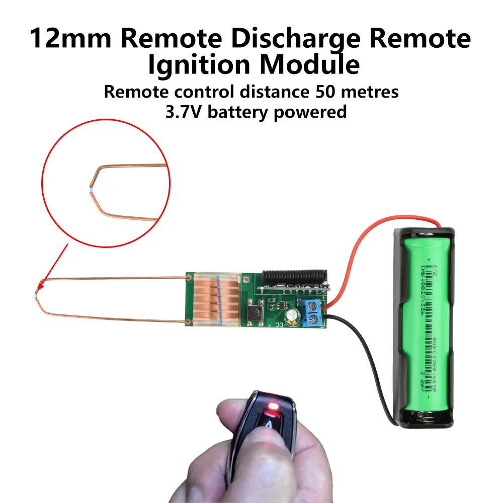 Módulo de alta tensão dc 3.7v módulo de ignição remota bobina de reforço de ignição de arco 12mm descarga 50m com bateria de ignição de alta tensão