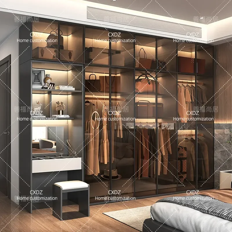 Modern Light Luxury Wardrobe with Transparent Glass Doors Simple High End Bedroom Closet Combination Cabinet for Home Use