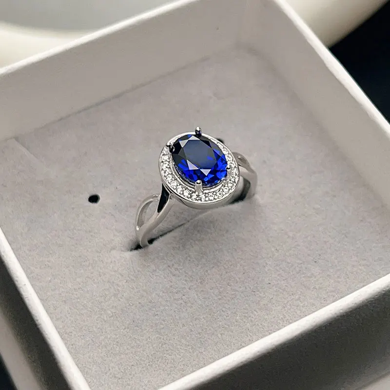 

Classical design 925 Silver manmade Blue Sapphire Ring 7mm*9mm 2.5ct dark blue labor satory sapphire 925 Silver Jewelry