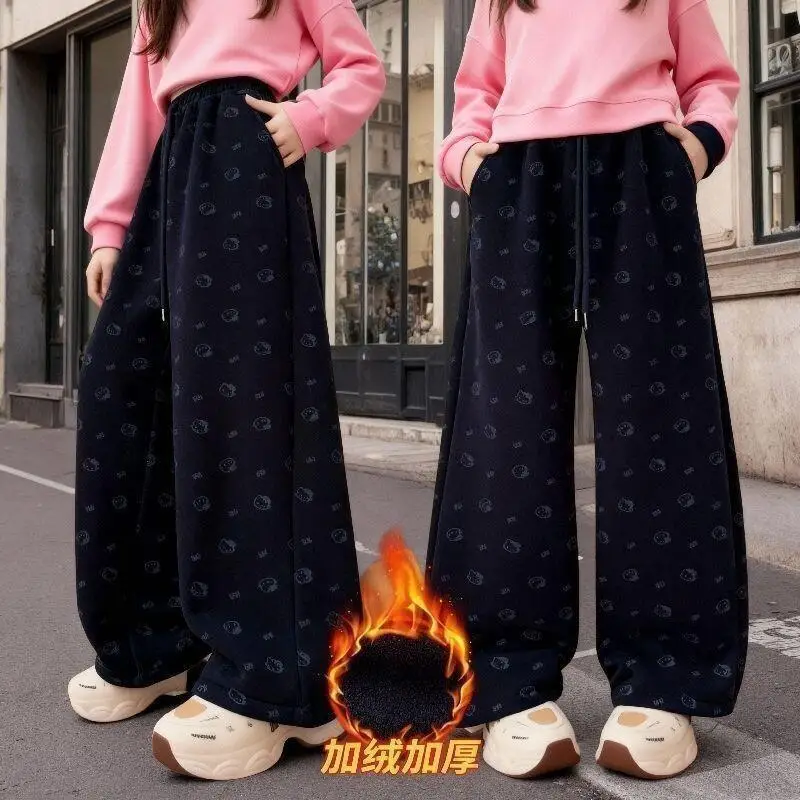 

Модные детские брюки в стиле Y2K и аниме: повседневные, свободные, прямые, утепленные, для девочек, с принтом Sanrio Hello Kitty (размеры M, L)