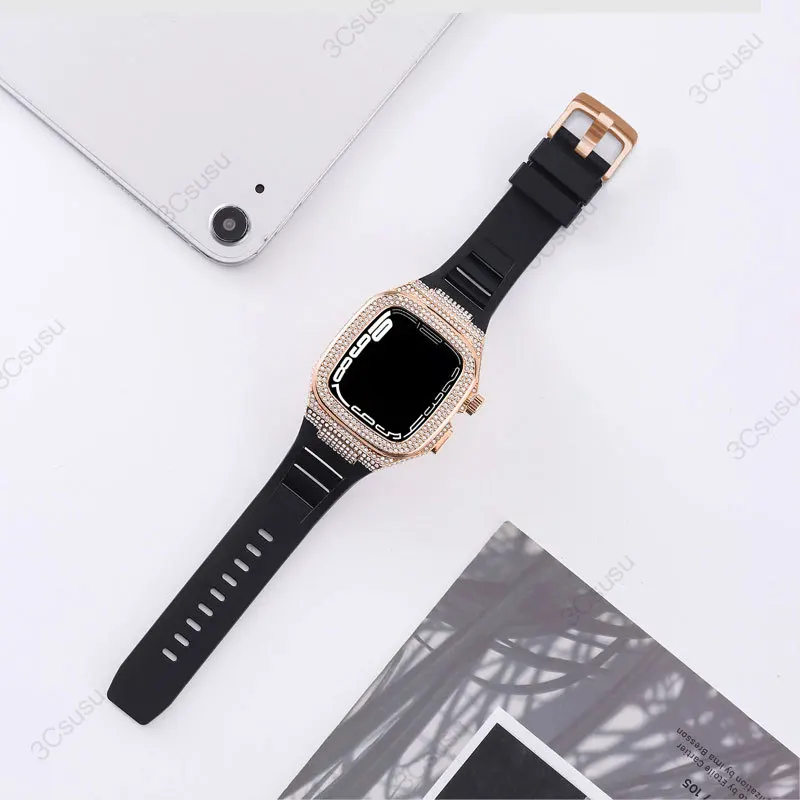 Diamond Case for Apple Watch Band 9 8 7 45mm 6 5 SE 44mm Stainless Steel Case Modification Kit Rubber Strap for IWatch 45mm 44mm