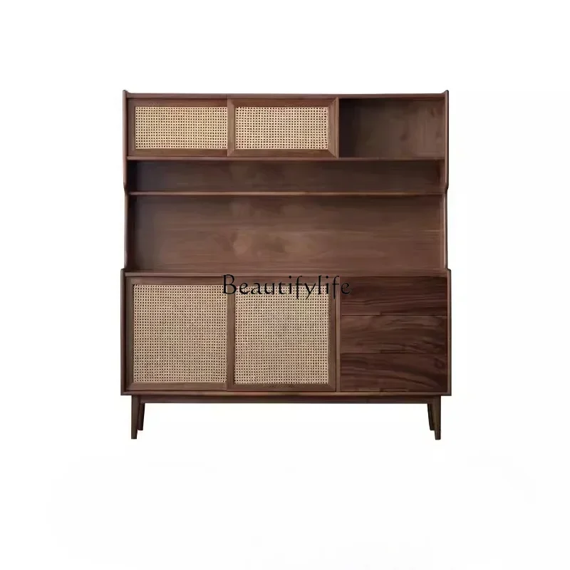 X4 *Chinese-Style Solid Wood Rattan Sideboard Cabinet Simple Wall-Mounted Storage Cabinet Black Walnut Vintage Locker
