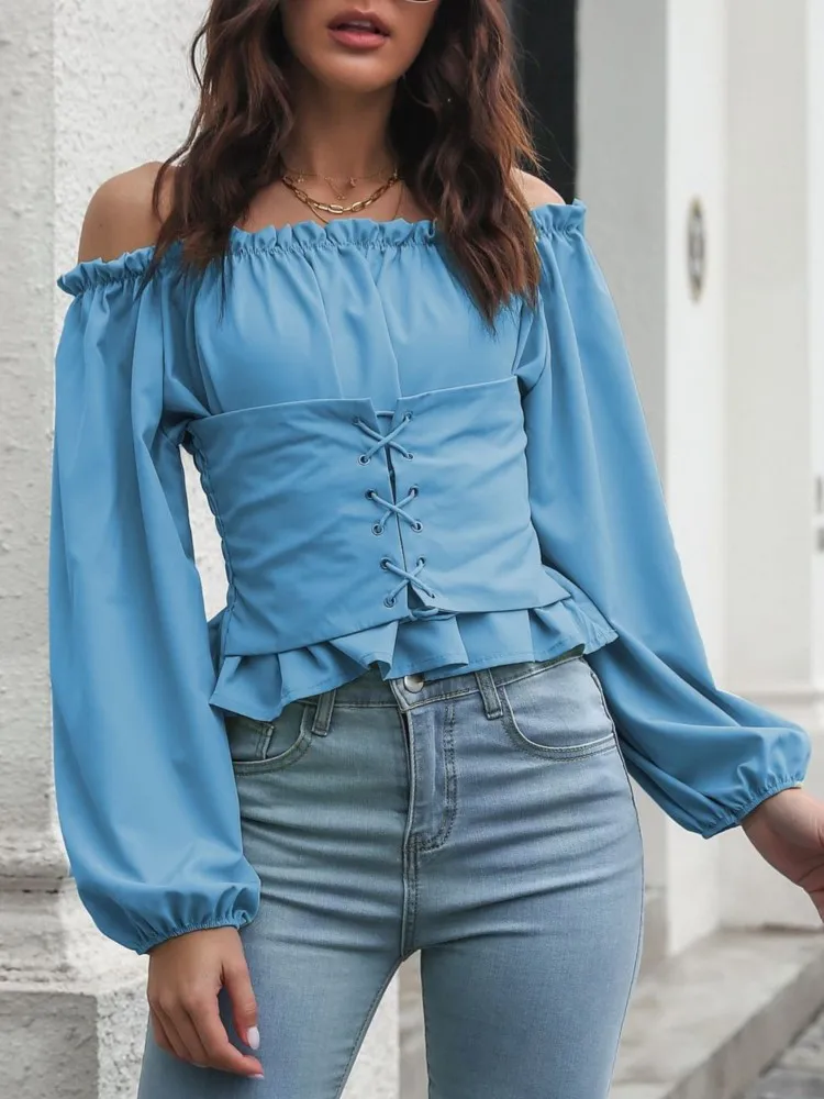 Slash Neck Women Blouse Solid Color Front Tie Off Shoulder Bandage Shirt Chiffon Top Slim Lantern Sleeve Solid Blouses Tops