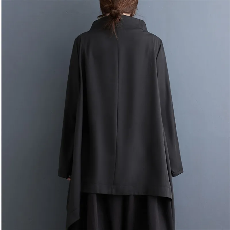 Women Black Irregular Pleated Big Size Trench Coat New Stand Collar Long Sleeve Loose Fit Blouse Tops Fashion Spring Autumn 2024