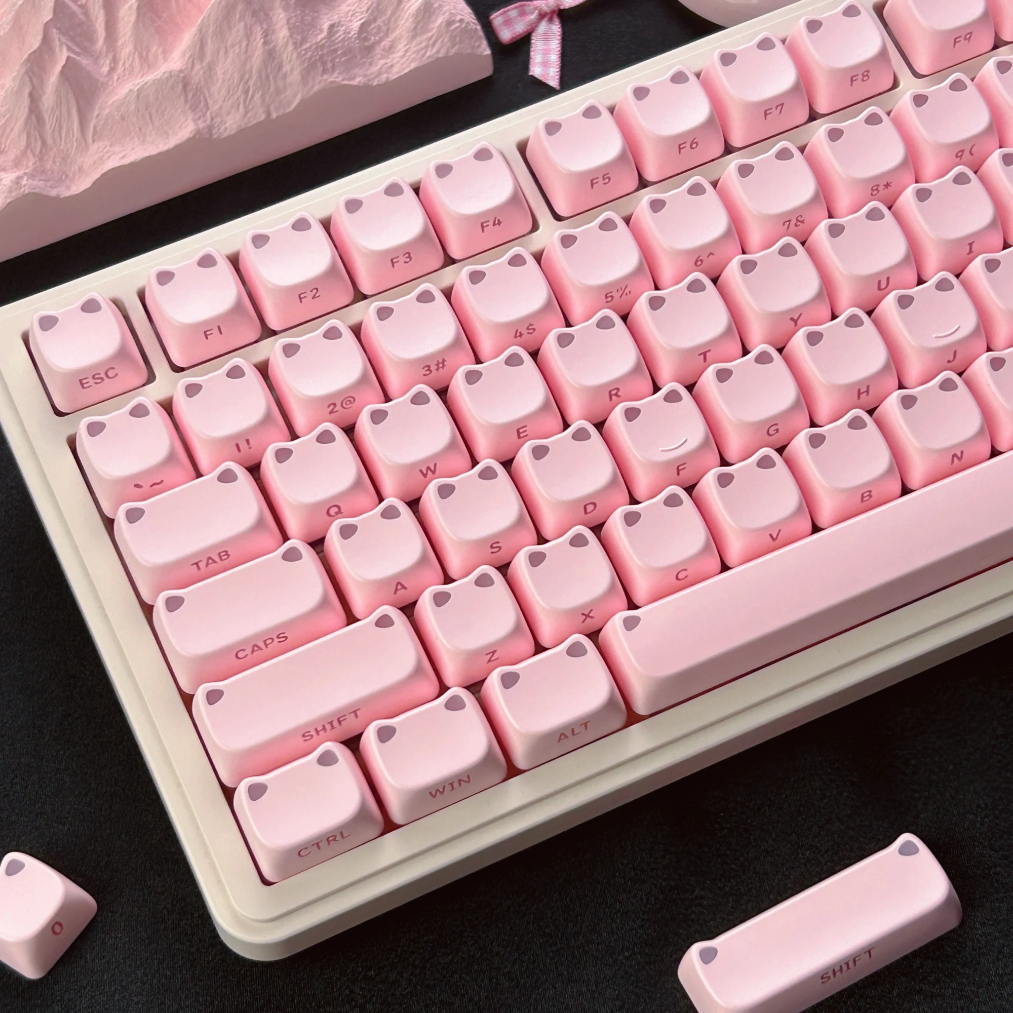 MAIMOOO Pink Cat Ear Keycaps PBT Sublimation MAO Kawaii Kitten Side Engraved Translucent Mechanical Keyboard Keycap 113Keys