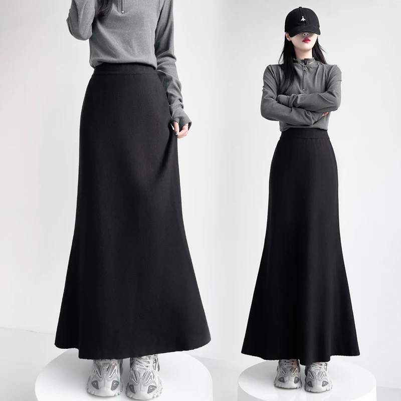 가을 겨울 니트 피테일 미디 스커트 다용도 슬림 여성 패션 캐주얼 슬레 스탠드 핏 A라인 스커트