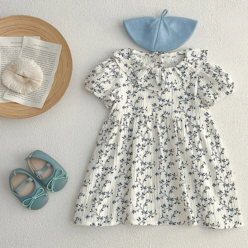 Kids Clothes Toddler Girls Floral Princess Dress Little Girl Cotton Short Sleeve Party Dress Blue Flowers Summer Casual Dresses