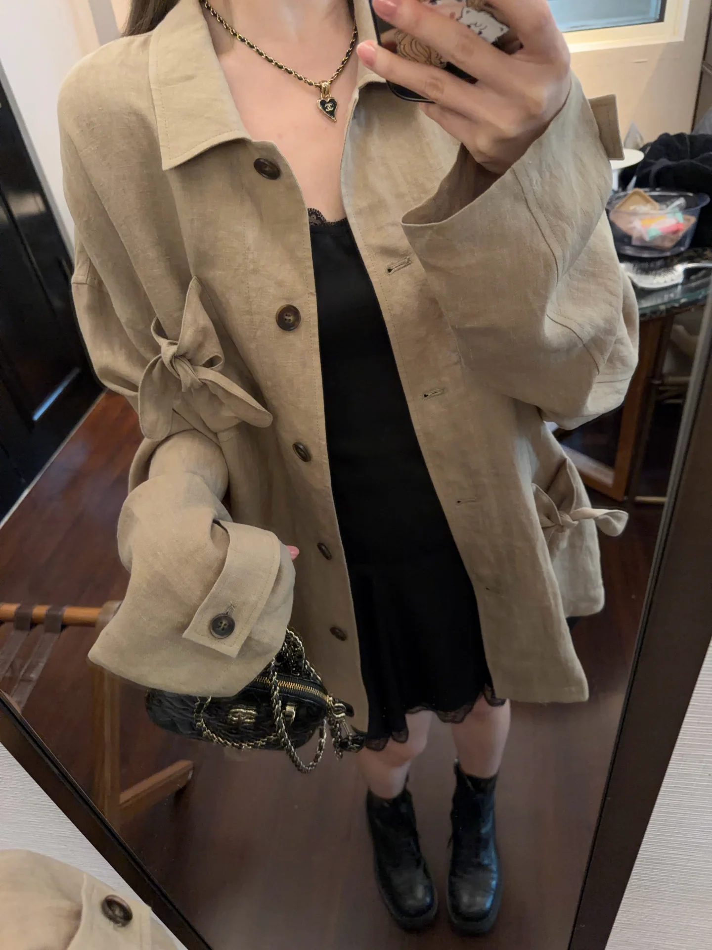 

Tannin Red Casual Loose Fit Linen Long Sleeve Shirt Asymmetrical Washed out Jacket Knot Pocket for Young Women