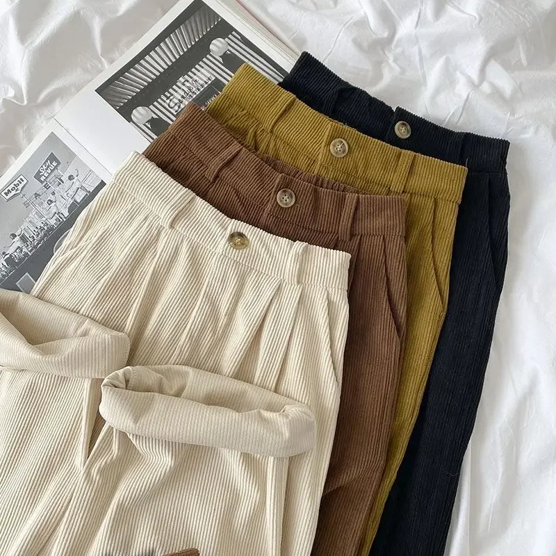 Vintage Women Clothes Fashion High Waist Straight Trousers Autumn Corduroy Pants Casual Solid Wide Leg Pants with Pockets 29096