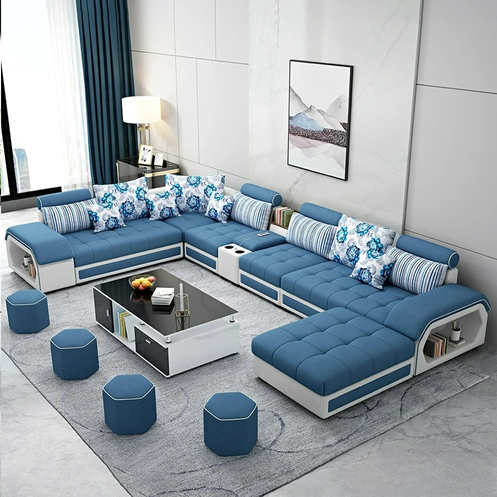Anpassbare Stoffsofa-Set, Möbel, Wohnzimmer-Sofagarnitur mit USB und Hockern / große U-Form
