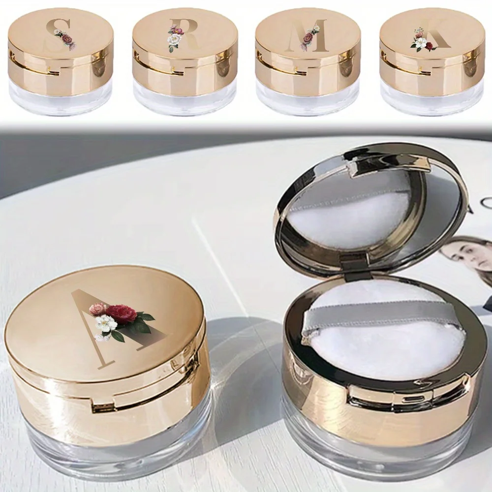 

Portable Powder Box Empty Loose Powder Container With Sifter Loose Jar Travel Makeup Container With Mirror Gold Letter Pattern