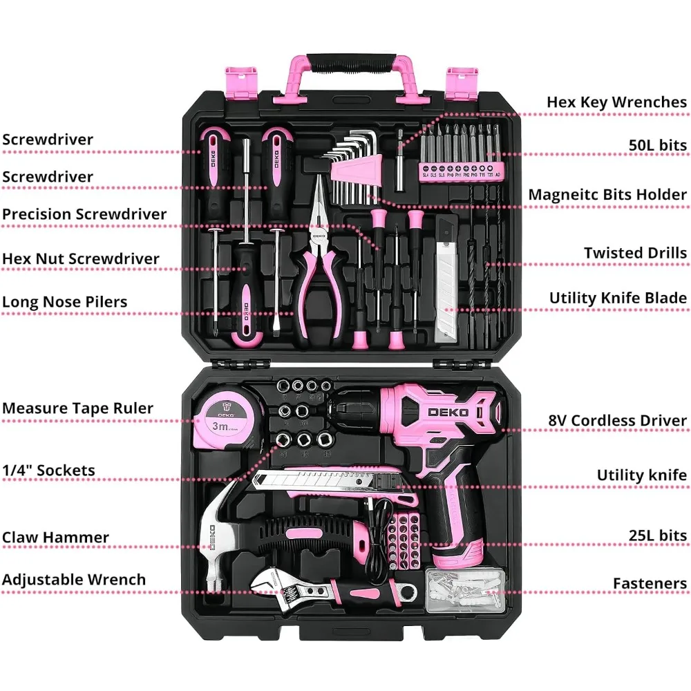 DEKOPRO Drill Set: Tool Set with 8V Pink Cordless Drill, Home Tool Kit with Drill, Hand Tool Kits for Women 126 Piece