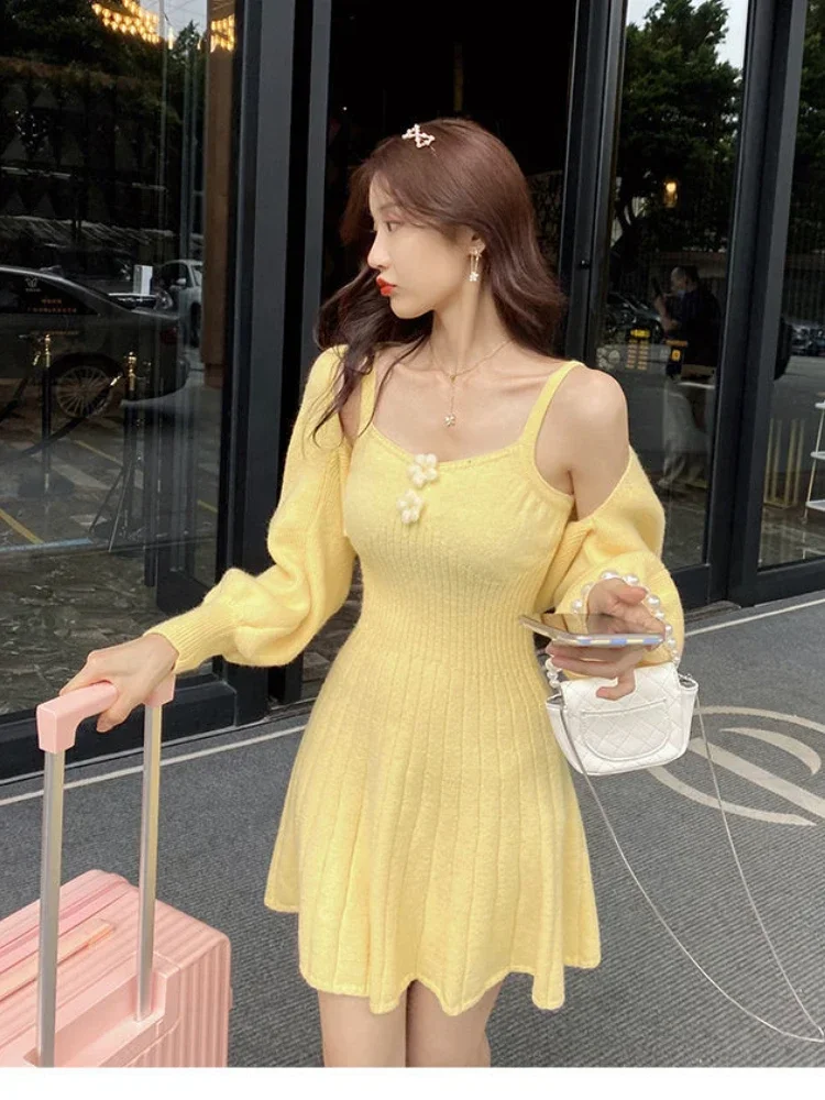 New Autumn Winter Sweet Knitted Two Piece Dress Set Women Casual Coat+Strap Dress Set Female Korean Style Solid Dress Suit