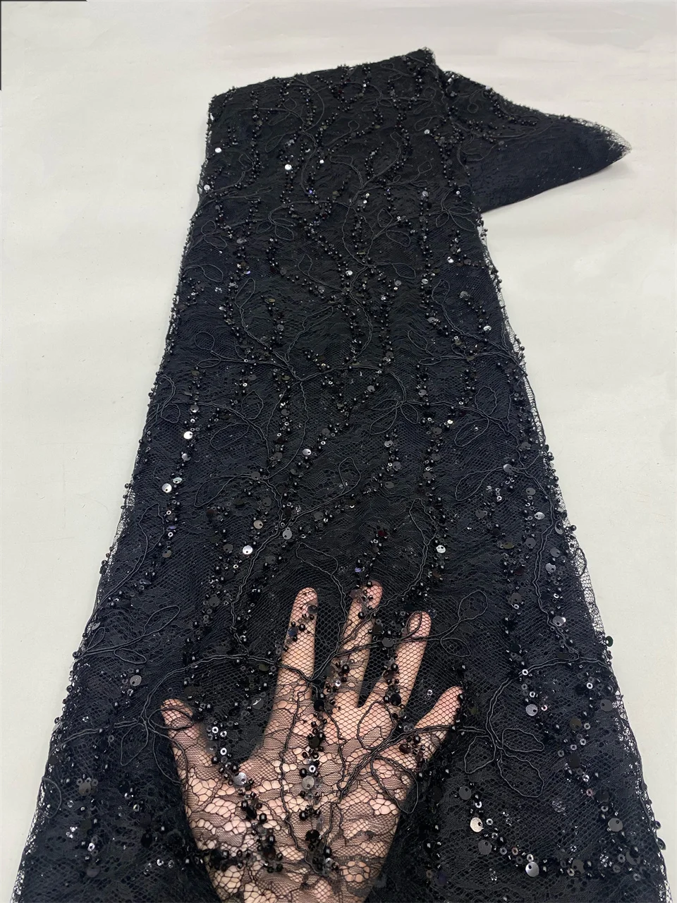 

African Beaded Lace Fabric 2026 Latest Nigerian French Sequins Tulle Lace Fabric Bridal Wedding Party Dress HXZ6433