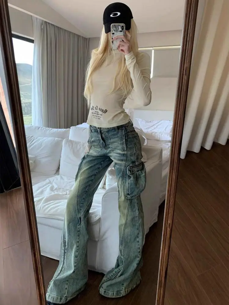 Genayooa Y2k Vintage T Shirt Women Turtleneck Skinny Long Sleeve Print Letter Tops Streetwear 2000s Japanese Grunge Tops Autumn