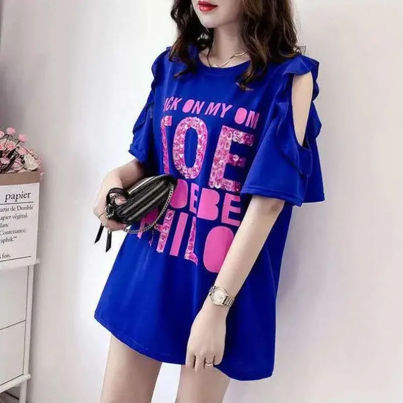 Top Female Off Shoulder Short Sleeve Baggy Summer Outfit Women's T-shirt Goth Japanese Vintage Fashion with Sleeves Korean Style