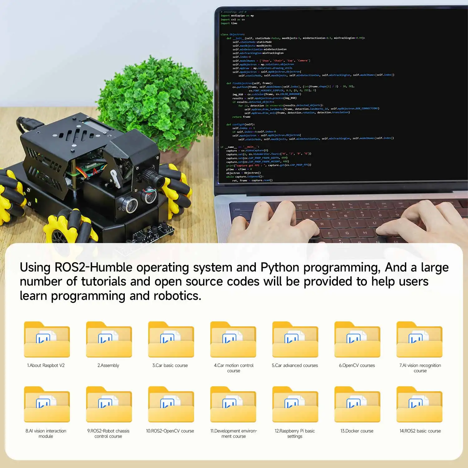 Yahboom 4WD Raspbot V2 AI Robot Car Kit Based on Raspberry Pi 5 for Beginners Educational Toy ROS2-Humble Python Programming Set