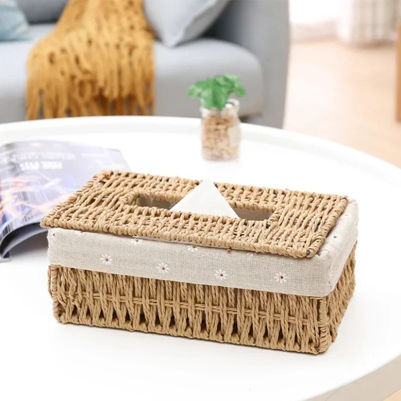 

Hot Creative Handmade Rattan Tissue Box Household Paper Storage Basket Home Decoration Khaki Floral Style 1 PCS napkin holder