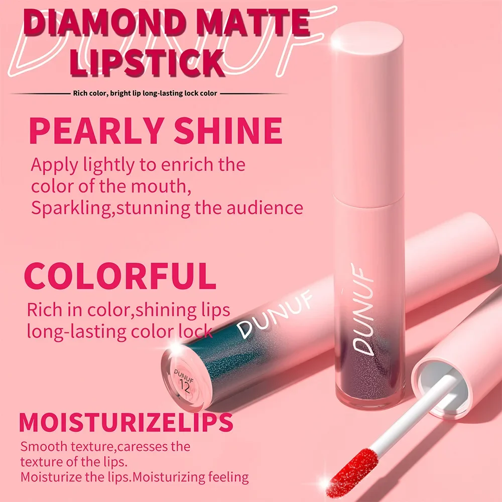 DUNUF alta calidad impermeable diamante brillo de labios maquillaje mate brillo líquido lápiz labial diamante perla Color brillo de labios Sexy