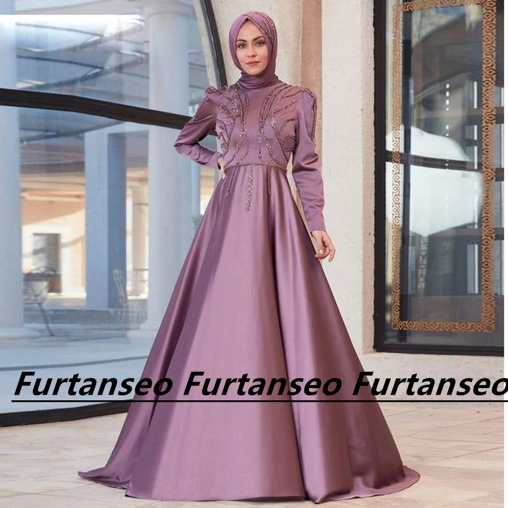 Women Abaya Dubai Luxury Turkey Evening Dress Crystal Long Sleeve Satin A-Line Draped Back Zipper Formal Occasion Dresses