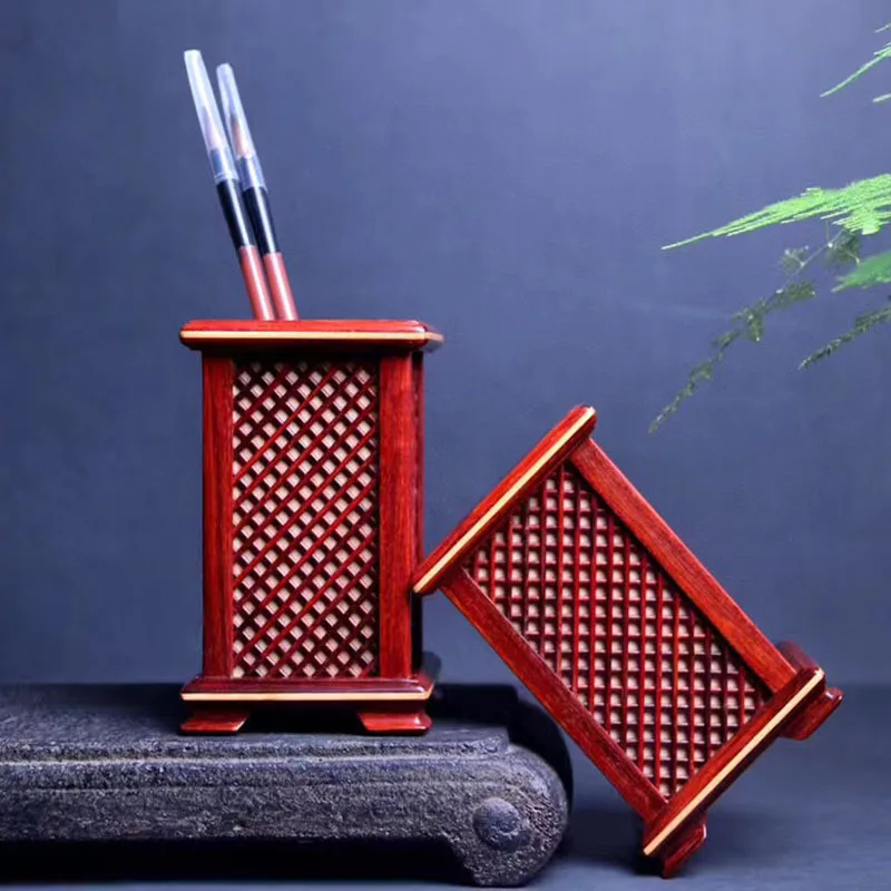 

Red sandalwood inlaid boxwood square pen holder Study four treasures mahogany handicrafts solid wood ornaments