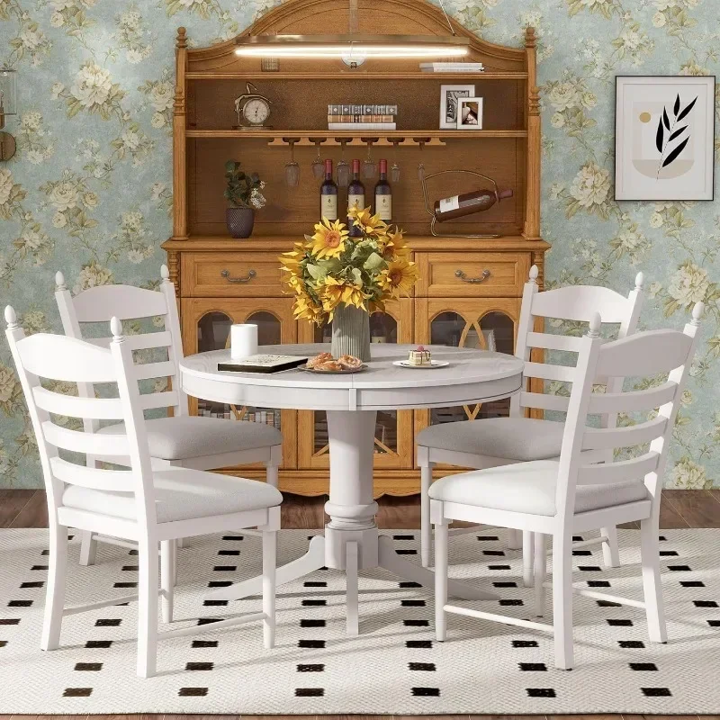 

Hot Sales5 Pieces Kitchen & Dining 4 With Round Extendable Table And Four Upholstered Chairs, Retro Rustic Style Home Furniture