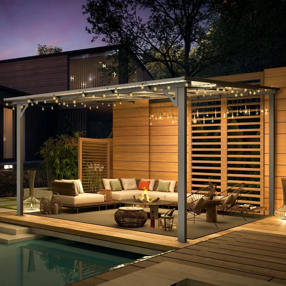 عريشة خارجية مقاس 12 × 12 بوصة للفناء، جزء علوي صلب كبير مثبت على الحائط مائل إلى شرفة معدنية وعريشة شفافة #2