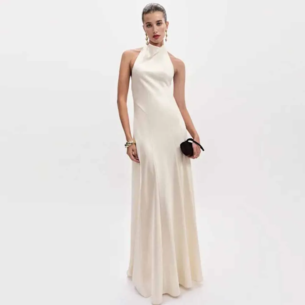 

Classy Women Ceremony Dresses Satin Sheath/Column Birthday Dress Champagne Turtleneck Backless Button Women's Evening Dresses