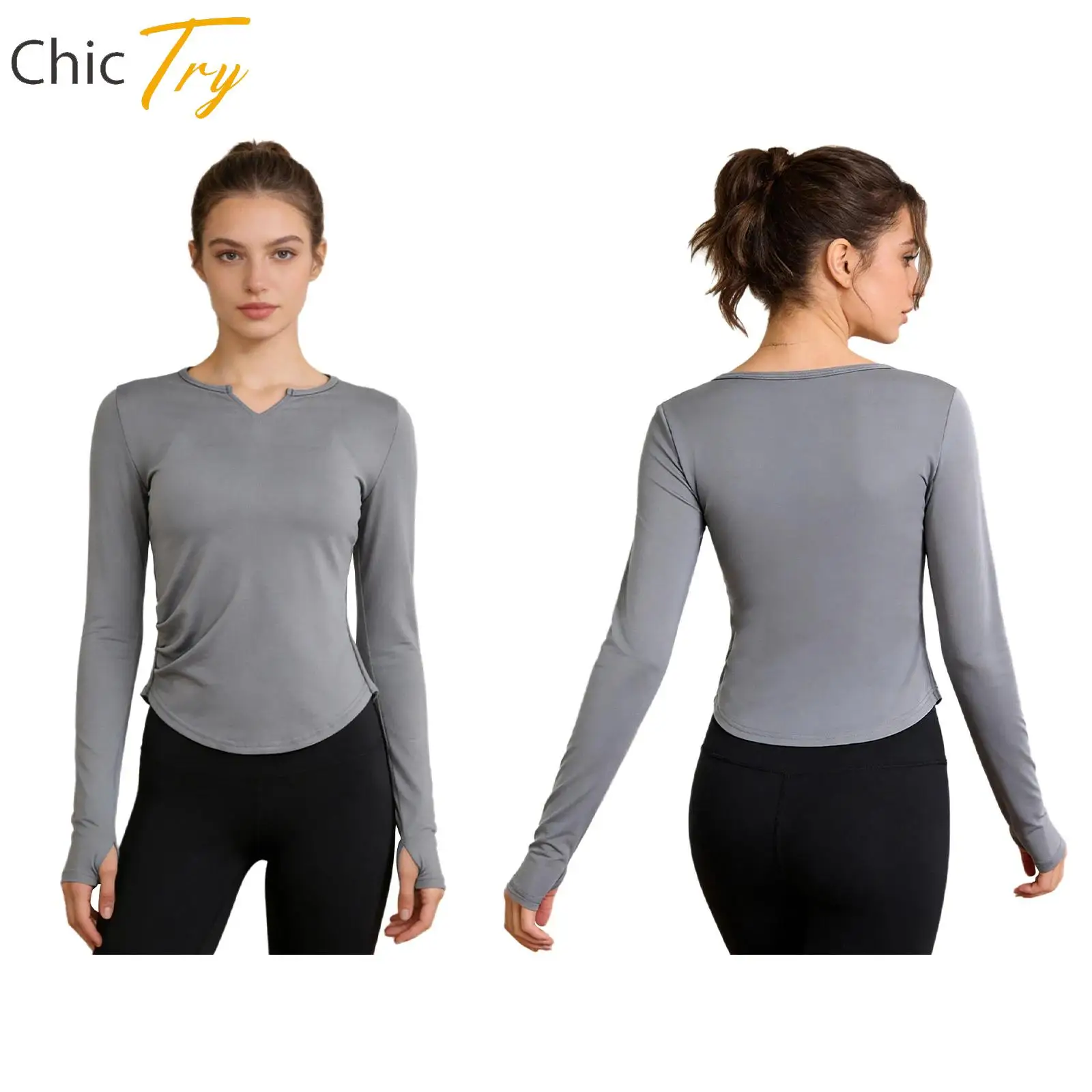 

Womens Curved Hem Ruched Yoga Tops Woman Gym Running Tops Long Sleeves Thumbholes T-shirt for Pilates Sports Workout Cycling