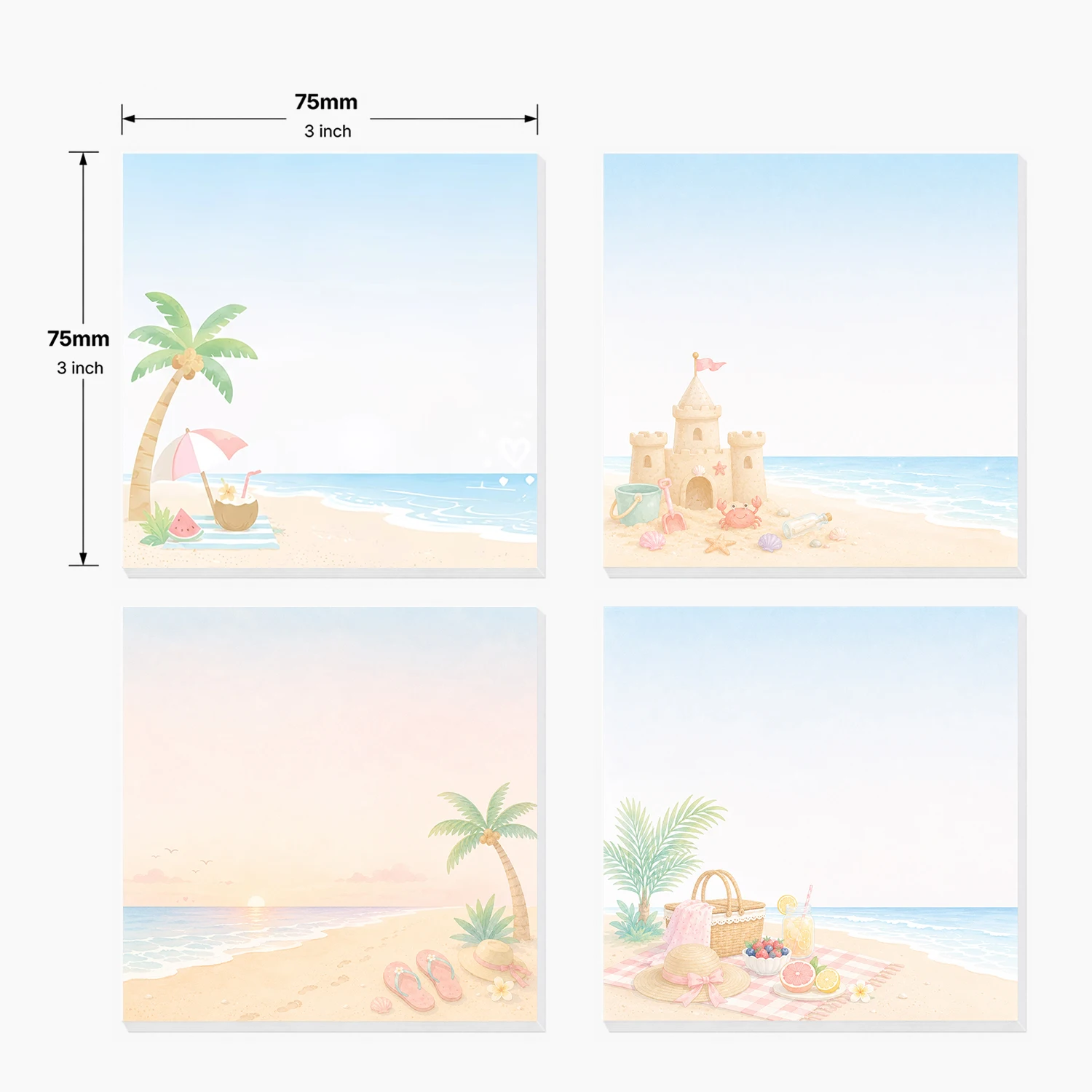 4PCS Summer Beach Sticky Notes 200 Sheets Tropical Palm Sandcastle Picnic Memo Pads Vacation Notes Self Adhesive Office Statione