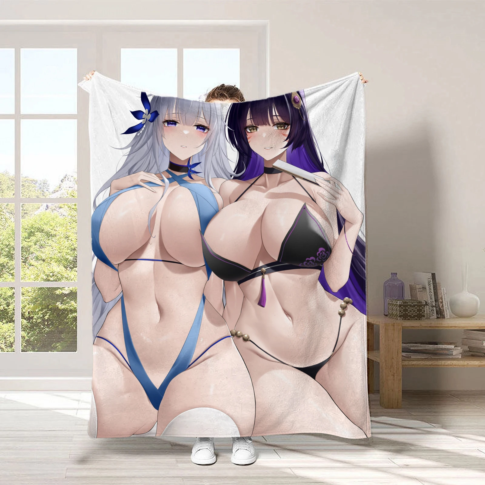 Anime Character Design Throw Blanket 150x200cm Blue Flannel Warm Blanket for Bedroom Living Room Decor Gift
