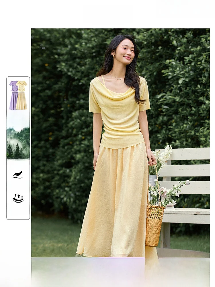 

Yellow Casual Set Women's Summer New Style Half-length Skirt Suit Elegant Style Short Sleeve Overhead Fashionable Ensemble