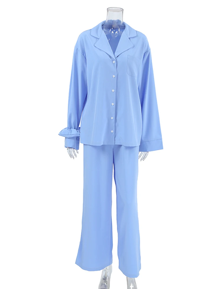 HiLoc Elegant Blue Long Pants Pajamas Sets 3 Pieces Women Fashion Pockets Loose Blouses With Hair Band Long Pants Nightwear 2024