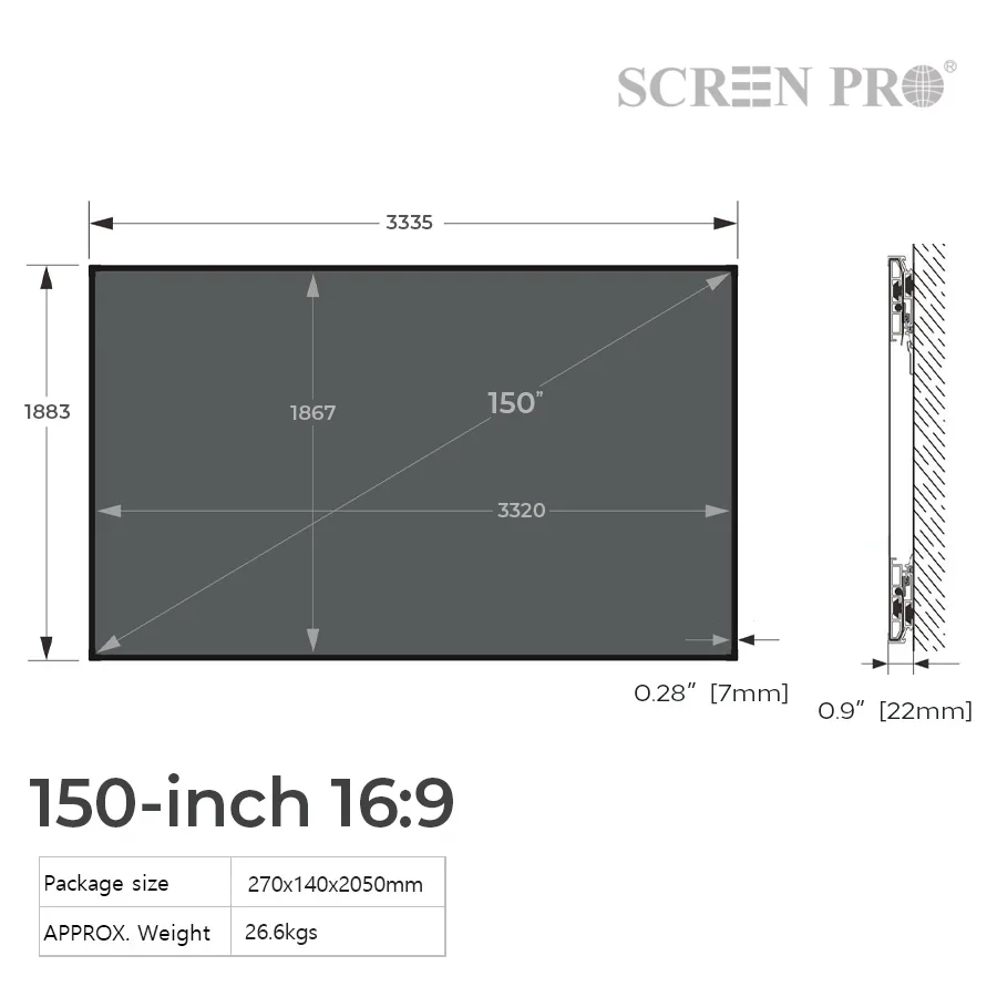 Screen Professional 150 inch CLR and ALR projector screen 16:9 4K, ultra-short projection, fixed frame gray projector screen