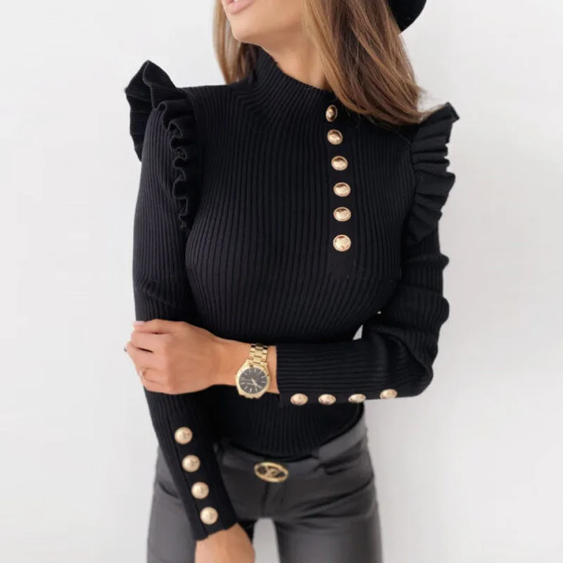 

2020 Fall/Winter Women's Tops Stand-up Collar Button Solid Top Lace Long Sleeves Pullover Slim Elegant Female Clothing Garments