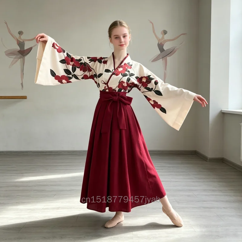 Kimono Japanese Style Floral Print Top Vintage Skirt Woman Oriental Camellia Cosplay Costume Haori Yukata Asian Islands Clothing