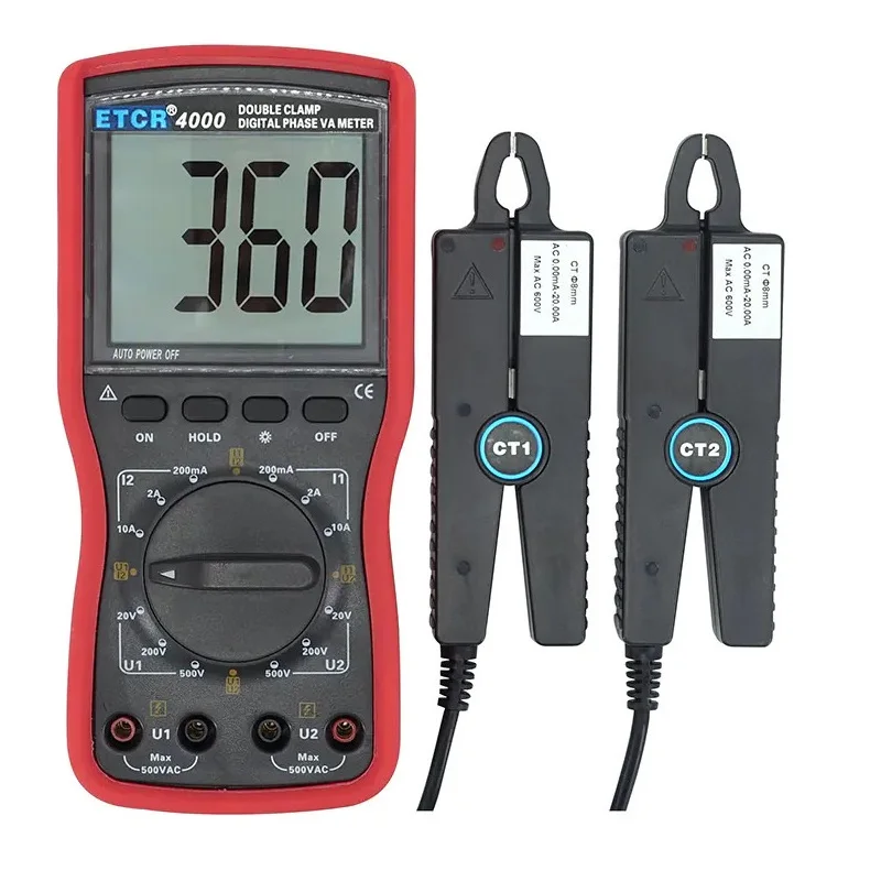 ETCR4000 Handheld Watt Power Energy Voltage Meter Intelligent Double Clamp Digital Phase Voltmeter AC Current 500V 10A 0~360°
