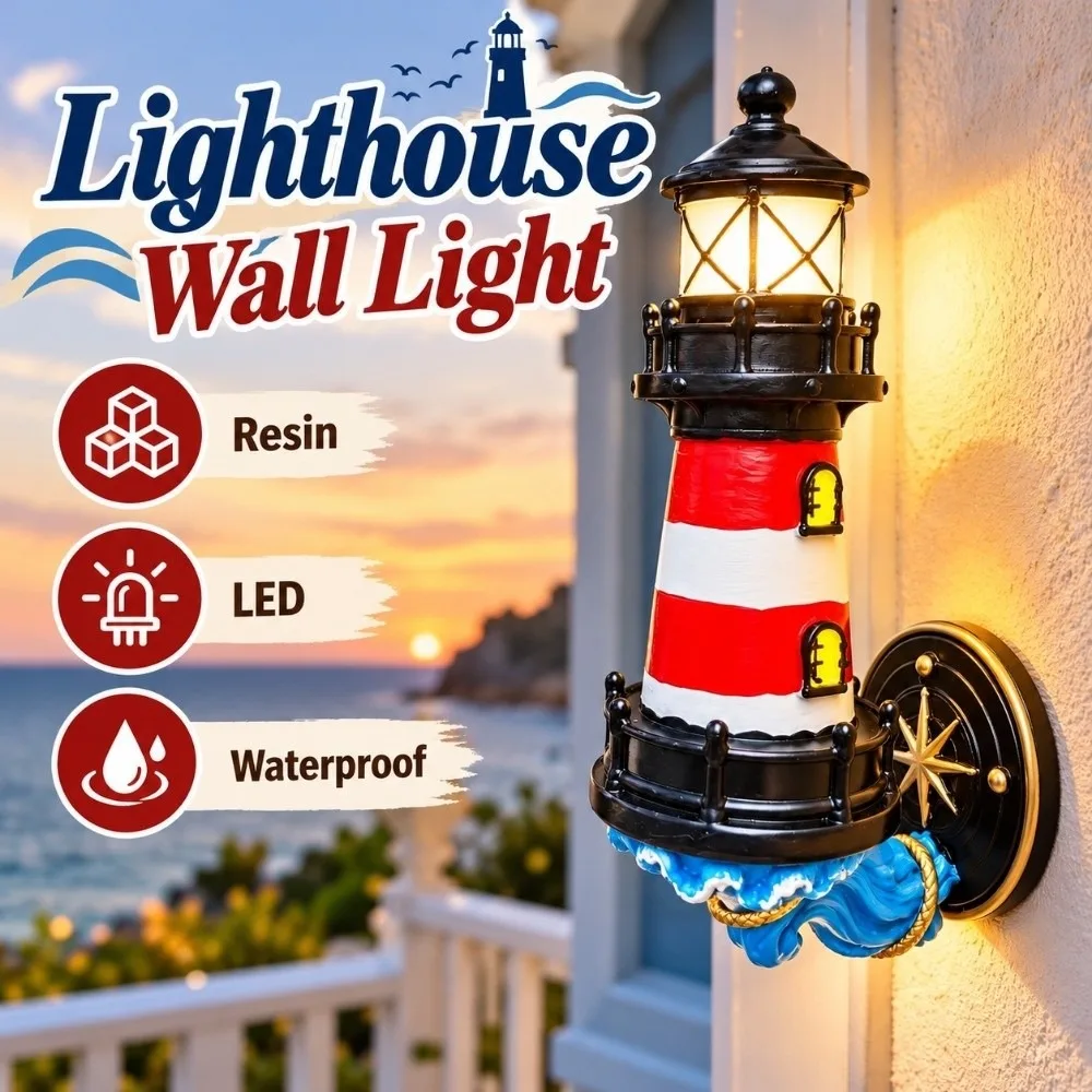 Resin Lighthouse Wall Light LED Waterproof Lighthouse Wall Sconce Vintage Red and White Striped Lighthouse Ornaments Outdoor