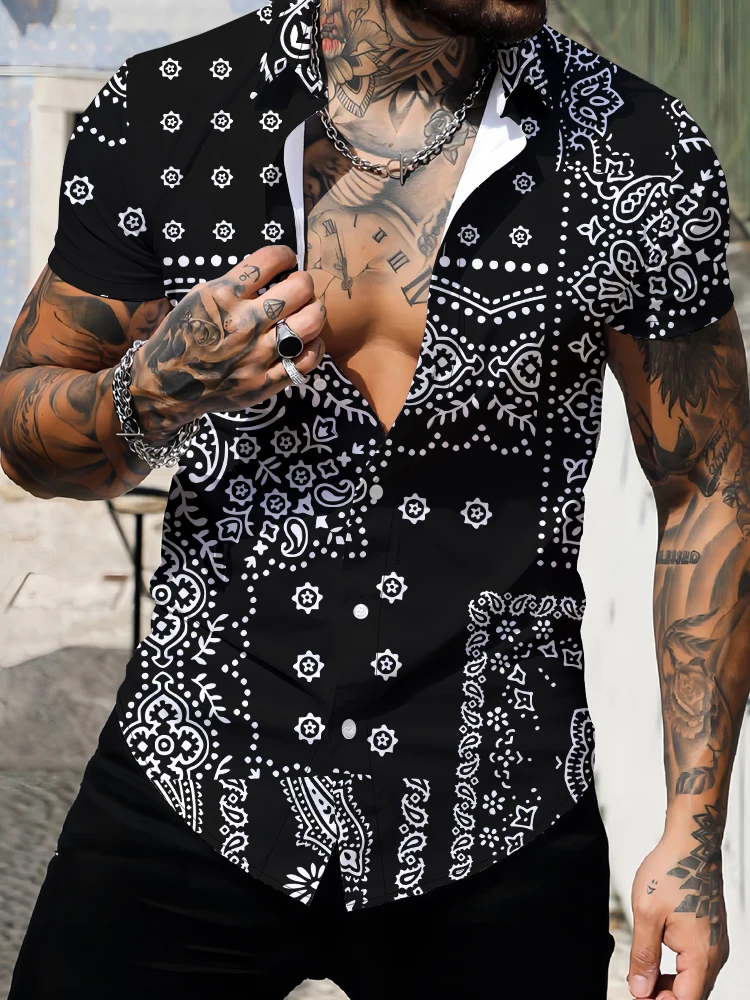 

2024 Fashion Retro 3D Digital Printing Shirts Summer Street Popular Short -sleeved Shirt Men's Simple Turn-down Collar Shirt