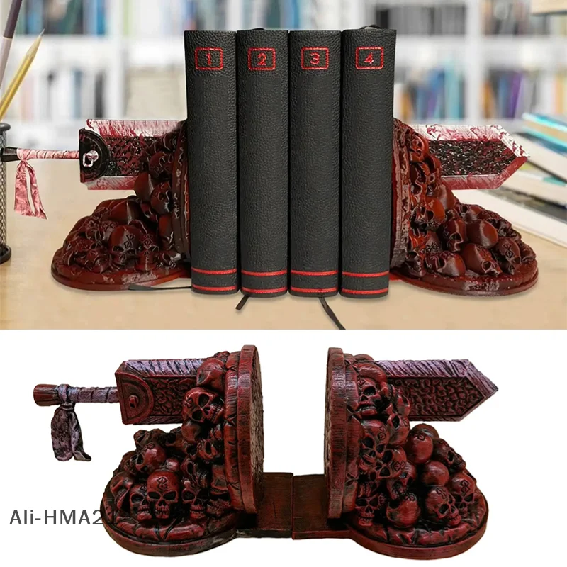 【H】1Set Fantasy Sword Bookends with Dragon Design, Resin Book Shelf Organizer, Gothic Book Nook Decor for Study Room Display