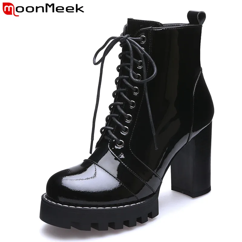 MoonMeek Size 34-42 Ins Brand Patent Genuine Leather Boots Women Zipper Lace Up Platform Boots Ladies Thick High Heels Boots