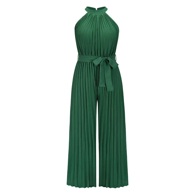 Women's Sexy Halter Sleeveless Pleated Wide-Leg Trousers, Lace Up, Slim Fit, Summer, New